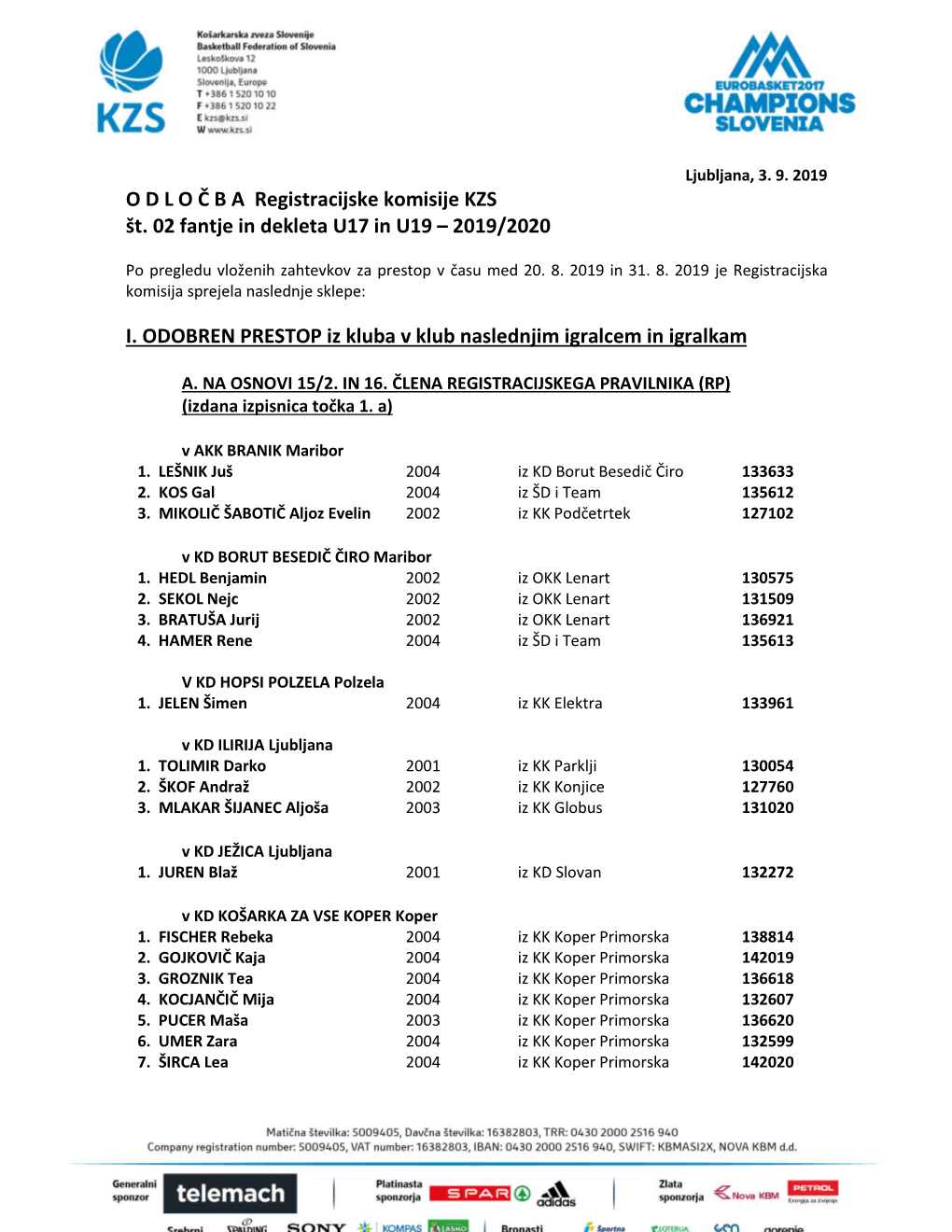 O D L O Č B a Registracijske Komisije KZS Št. 02 Fantje in Dekleta U17 In