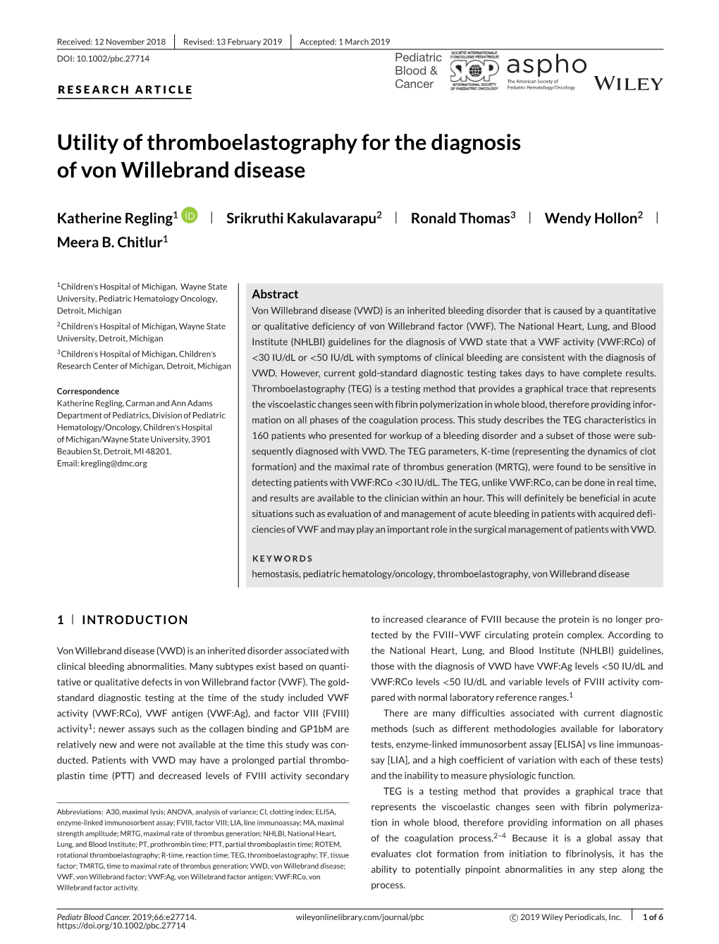 Utility of Thromboelastography for the Diagnosis of Von Willebrand Disease