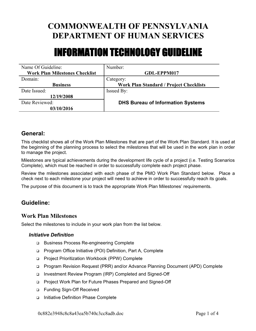 Work Plan Milestones Checklist