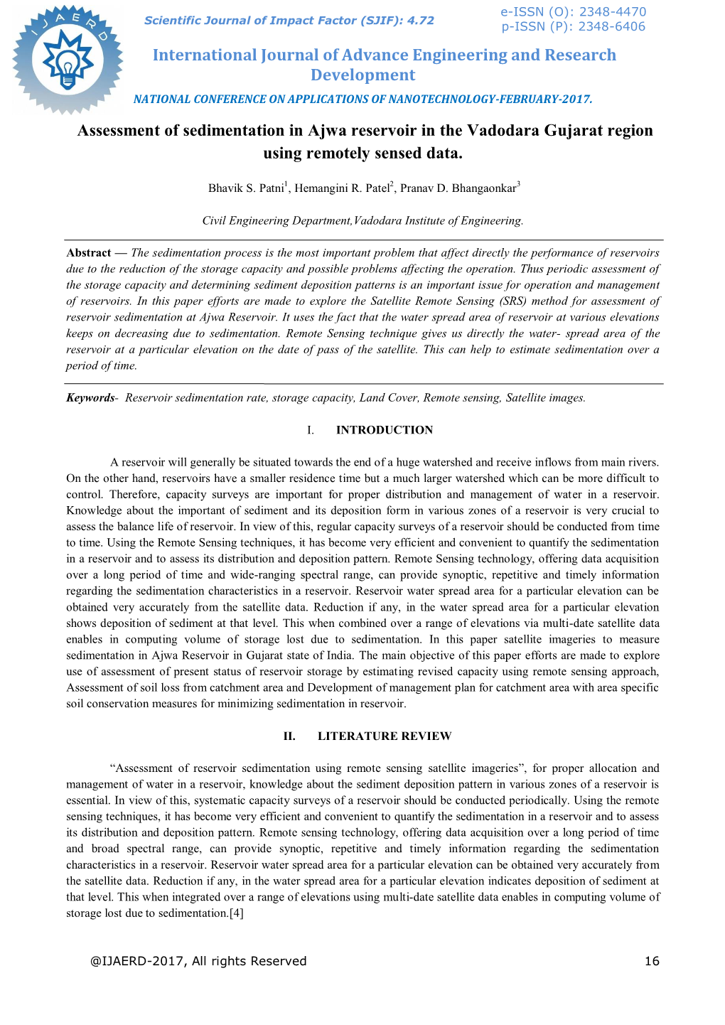 Assessment of Sedimentation in Ajwa Reservoir in the Vadodara Gujarat Region Using Remotely Sensed Data