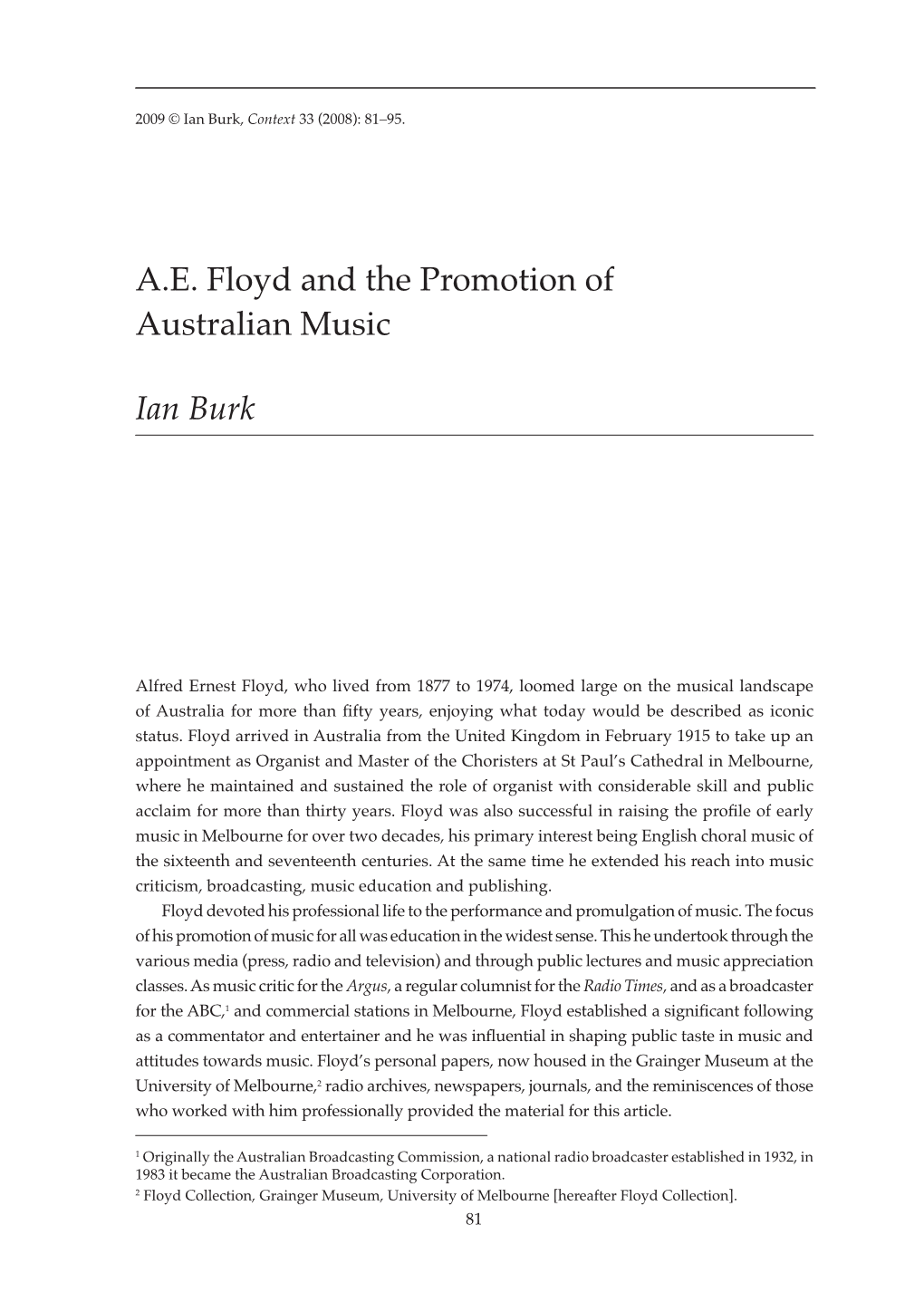 A.E. Floyd and the Promotion of Australian Music Ian Burk