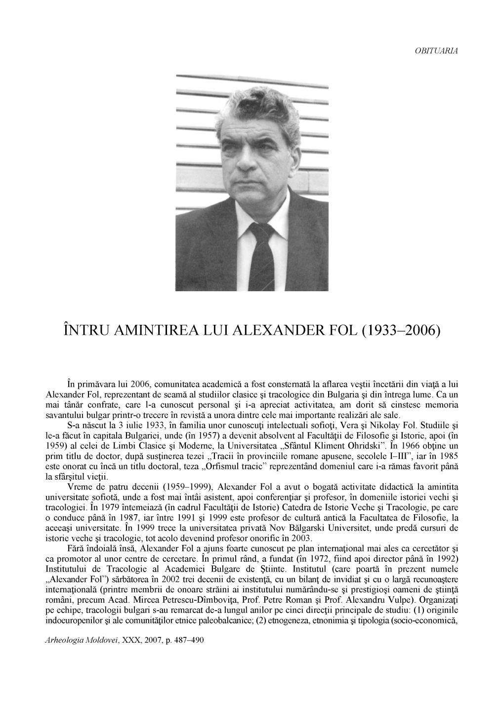 Întru Amintirea Lui Alexander Fol (1933-2006)