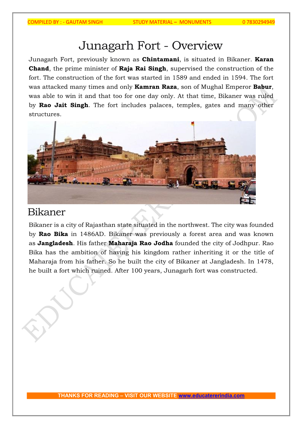 Junagarh Fort - Overview Junagarh Fort, Previously Known As Chintamani, Is Situated in Bikaner