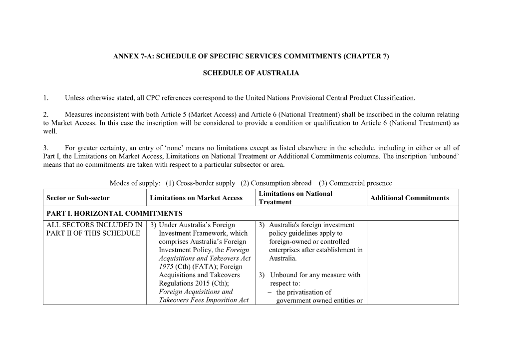 Annex 7-A: Schedule of Specific Services Commitments (Chapter 7)