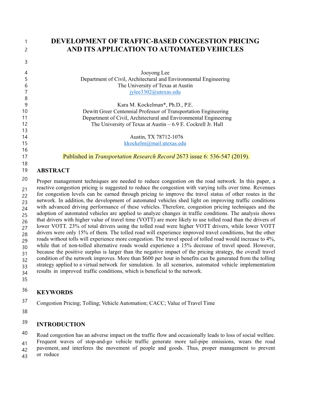 Development of Traffic-Based Congestion Pricing and Its