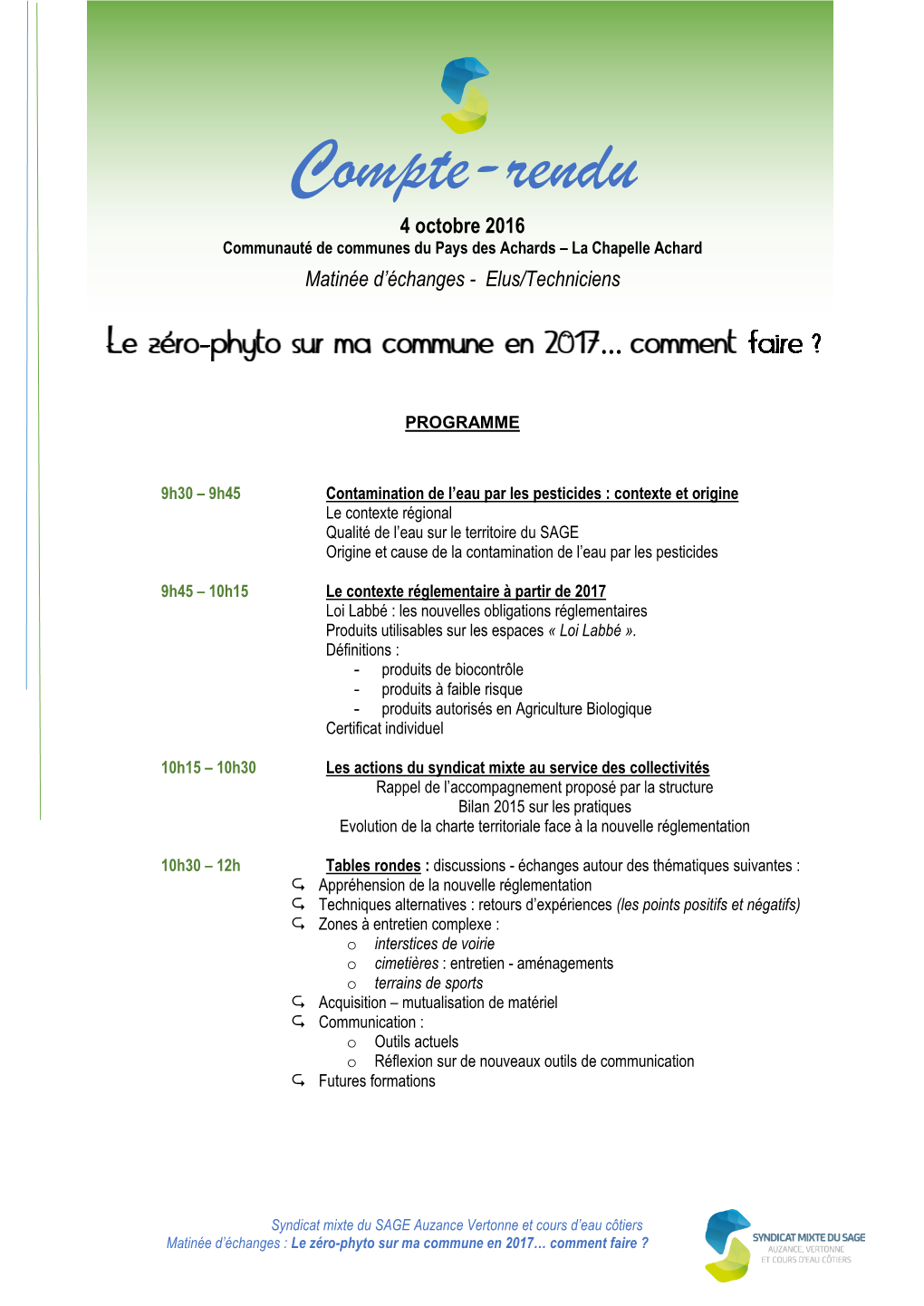 Compte-Rendu 4 Octobre 2016 Communauté De Communes Du Pays Des Achards – La Chapelle Achard