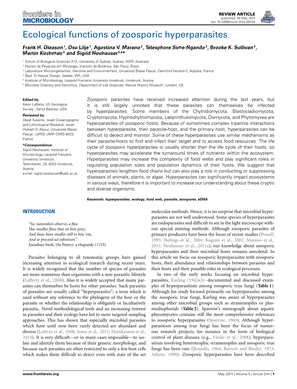 Ecological Functions of Zoosporic Hyperparasites