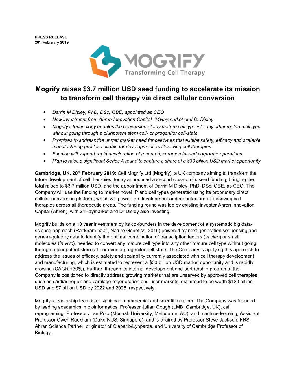 Mogrify Raises $3.7 Million USD Seed Funding to Accelerate Its Mission to Transform Cell Therapy Via Direct Cellular Conversion