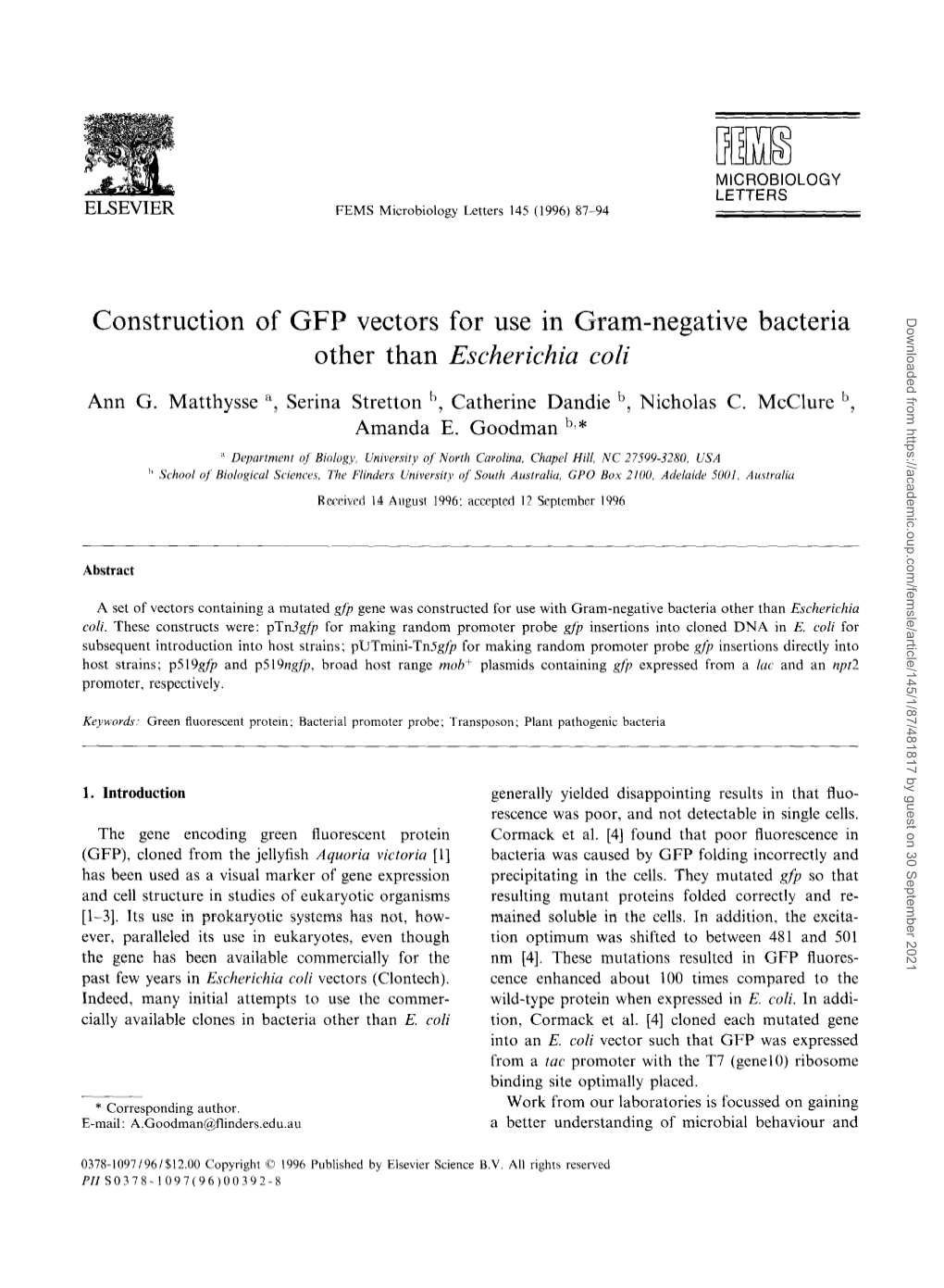 Construction of GFP Vectors for Use in Gram-Negative Bacteria Other Than