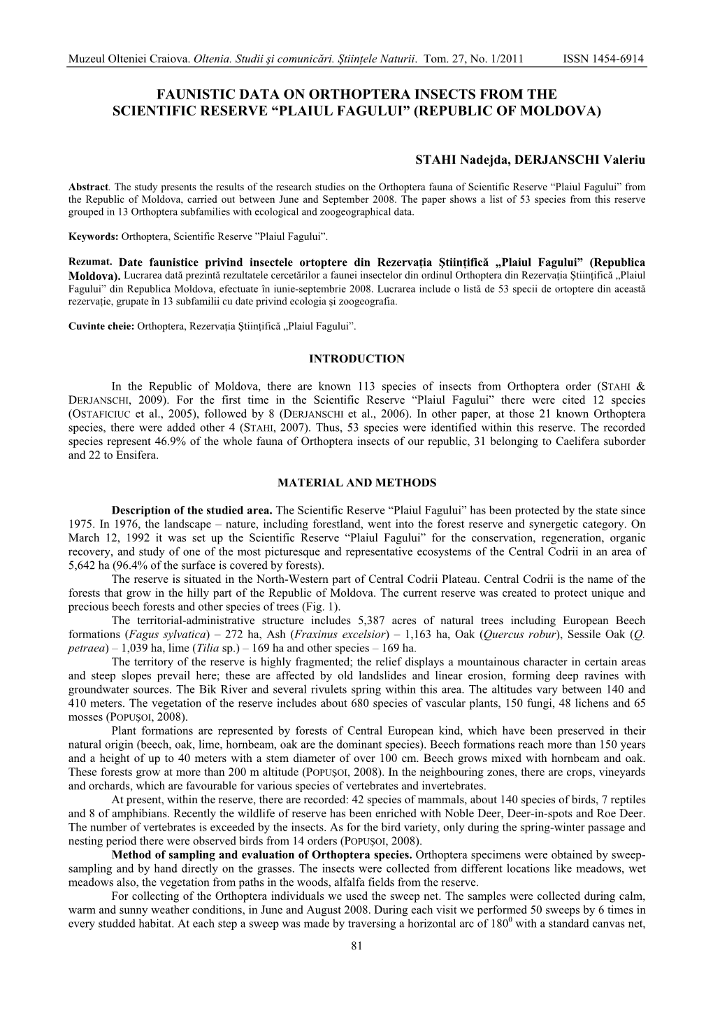 Faunistic Data on Orthoptera Insects from the Scientific Reserve “Plaiul Fagului” (Republic of Moldova)