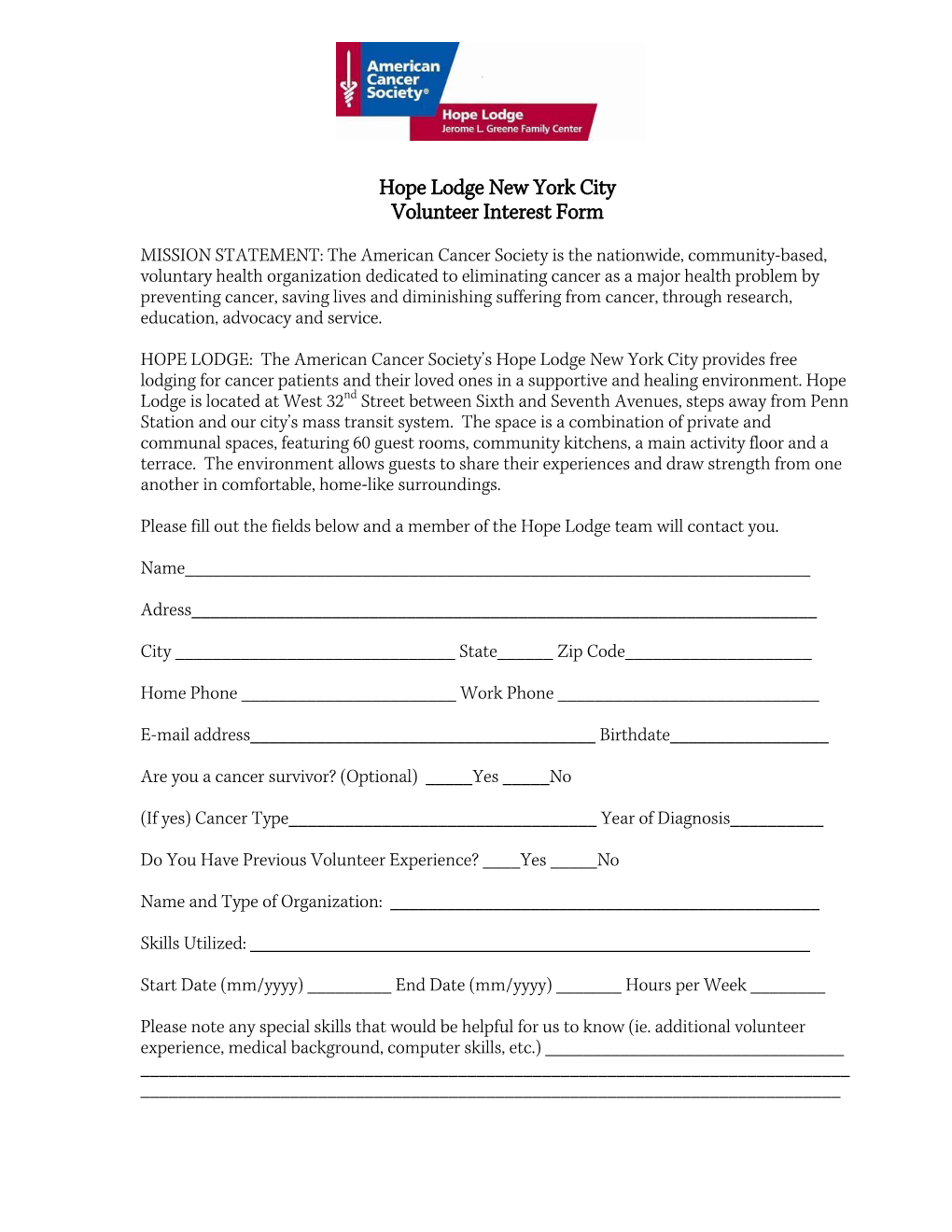 Hope Lodge NYC Volunteer Application