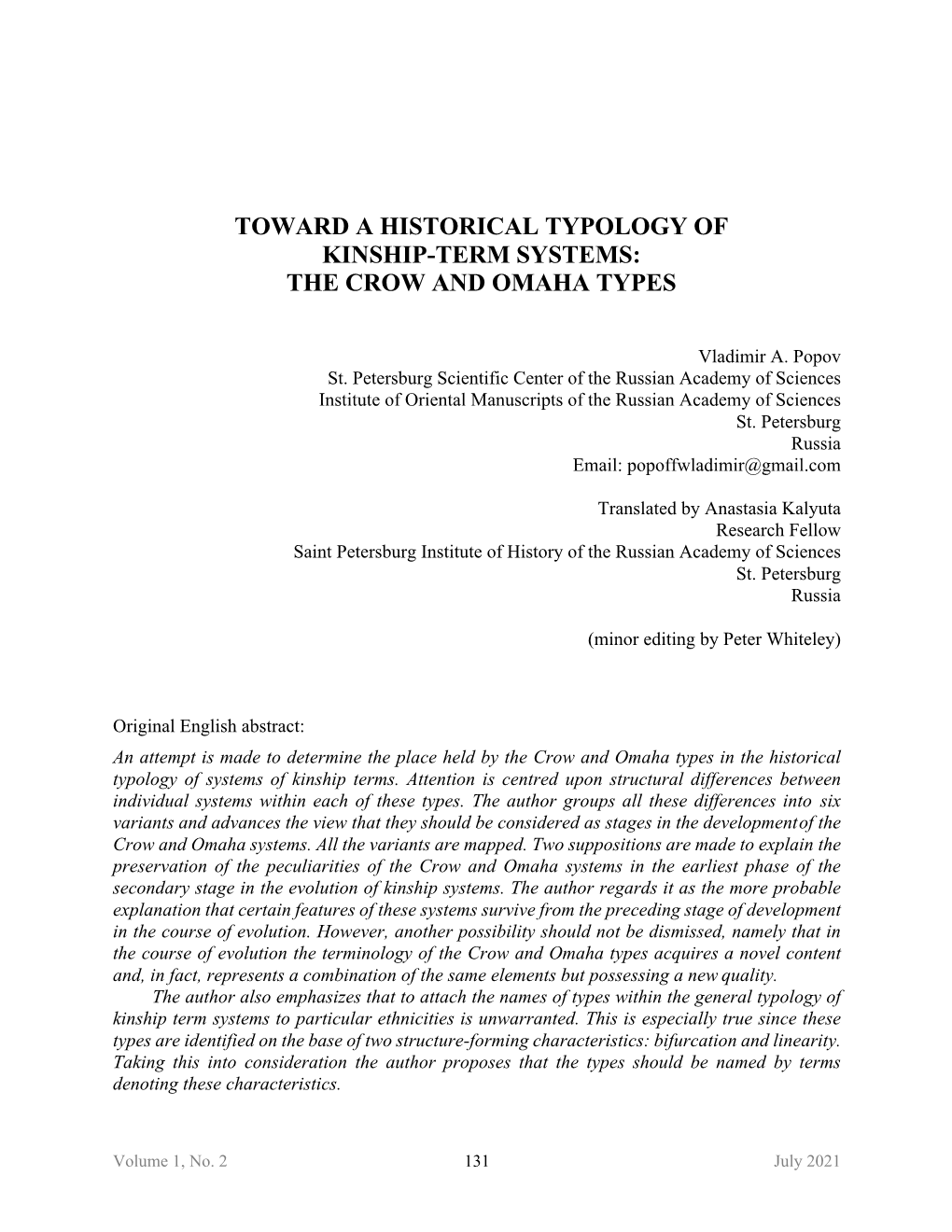 Toward a Historical Typology of Kinship-Term Systems: the Crow and Omaha Types