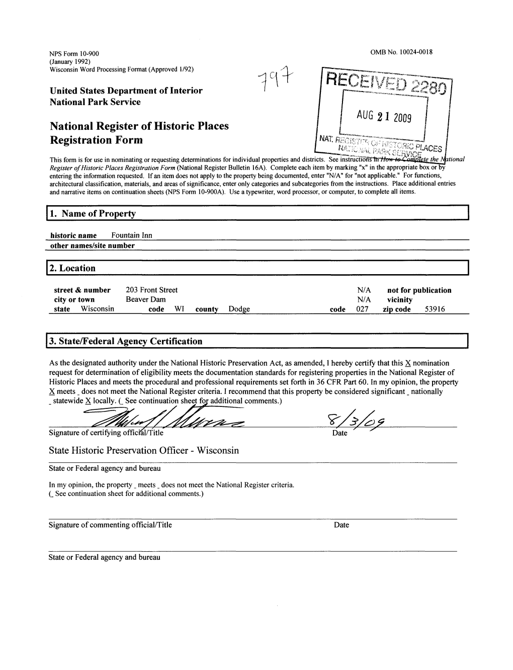 National Register of Historic Places Registration Form | NAT: R^C MA N