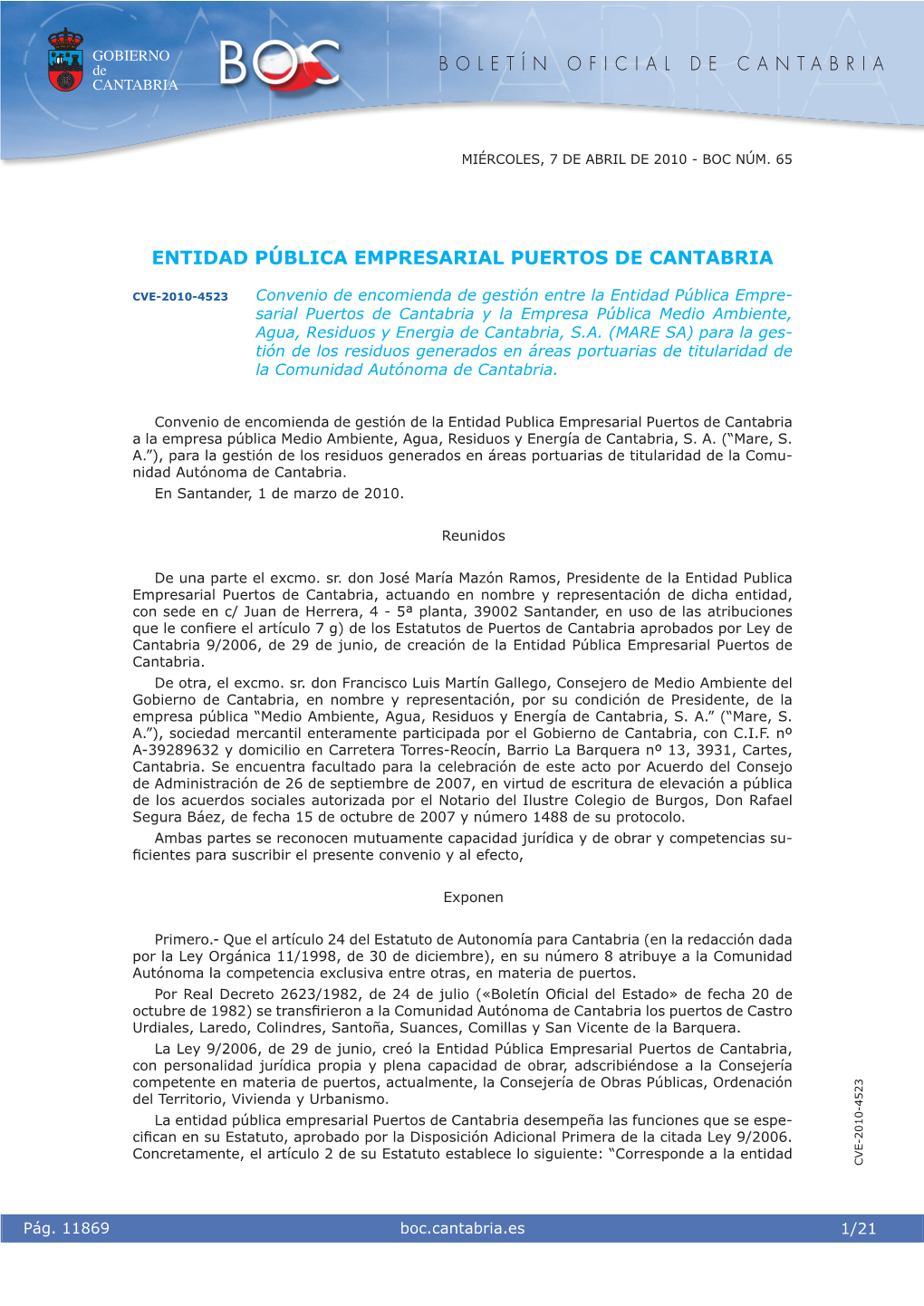 B O L E T Í N O F I C I a L D E C a N T a B R I a Entidad Pública Empresarial Puertos De Cantabria