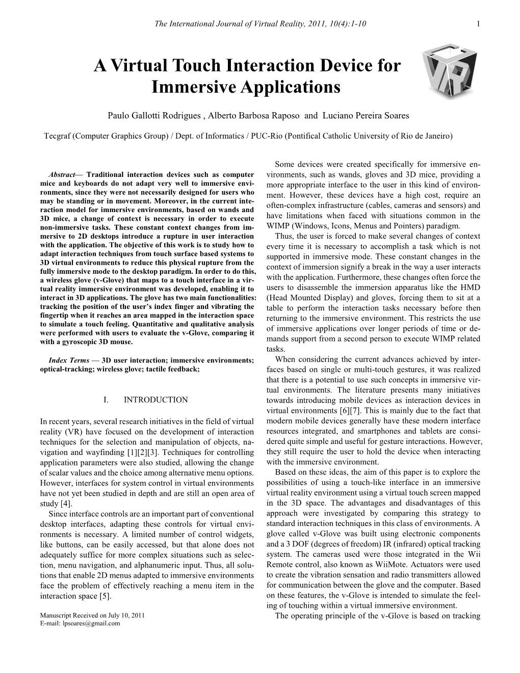 A Virtual Touch Interaction Device for Immersive Applications