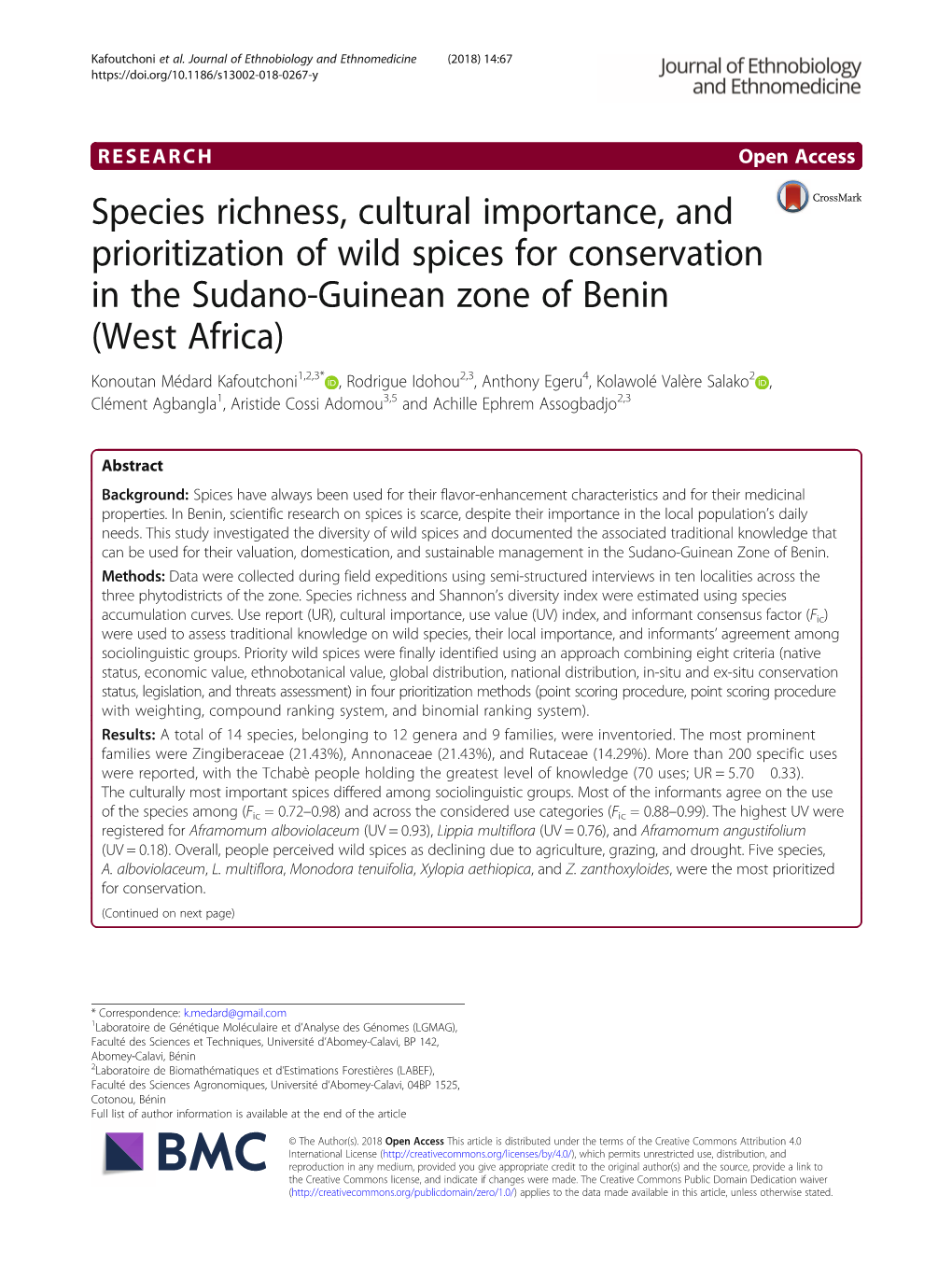 Species Richness, Cultural Importance, and Prioritization of Wild Spices For