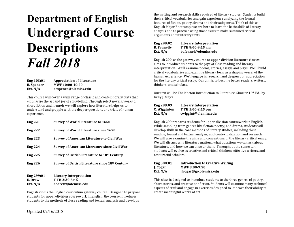 Fall 2018 Undergraduate Course Descriptions