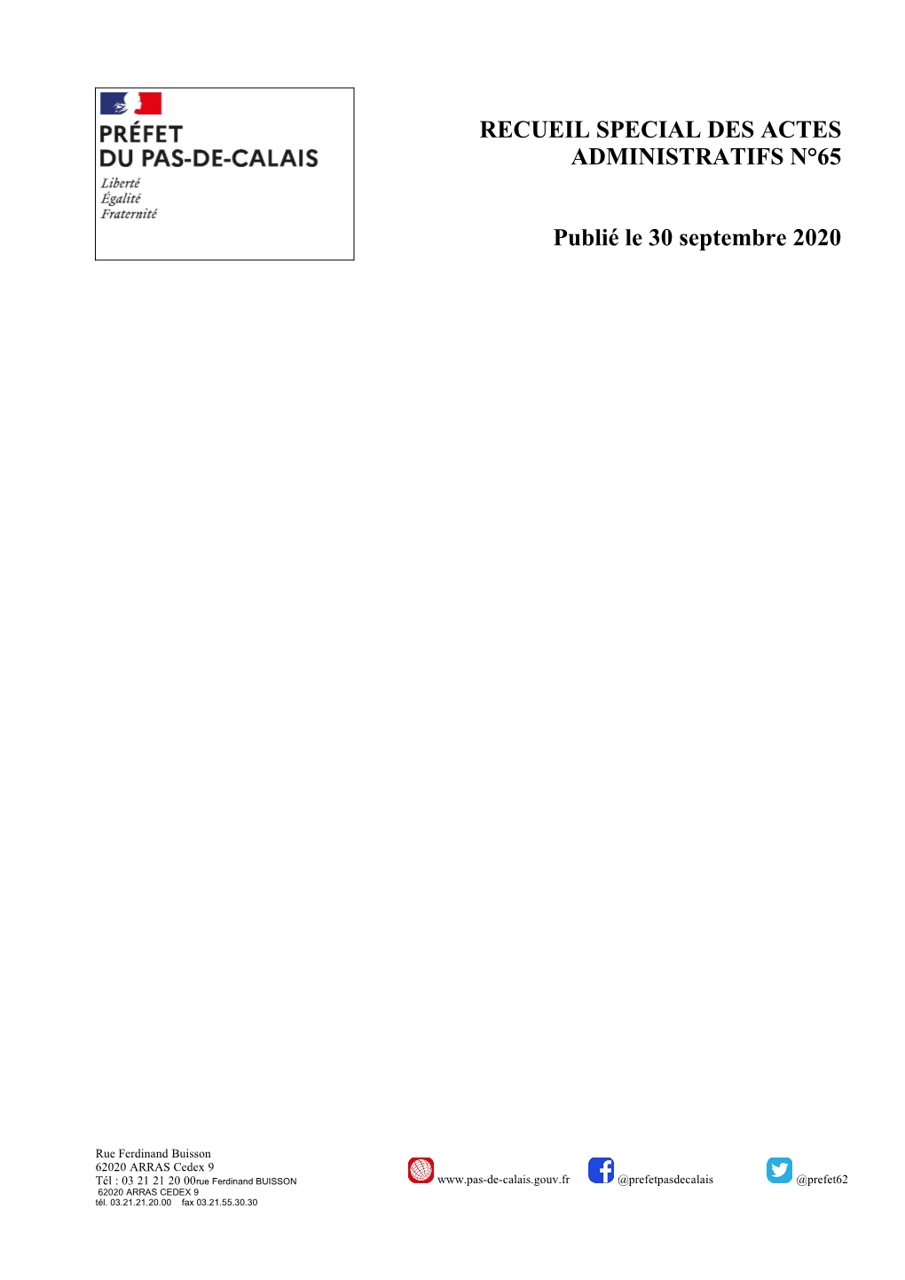 RECUEIL SPECIAL DES ACTES ADMINISTRATIFS N°65 Publié Le 30 Septembre 2020