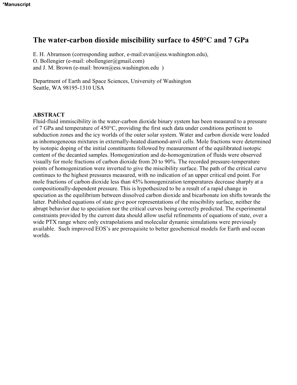 The Water-Carbon Dioxide Miscibility Surface to 450°C and 7 Gpa