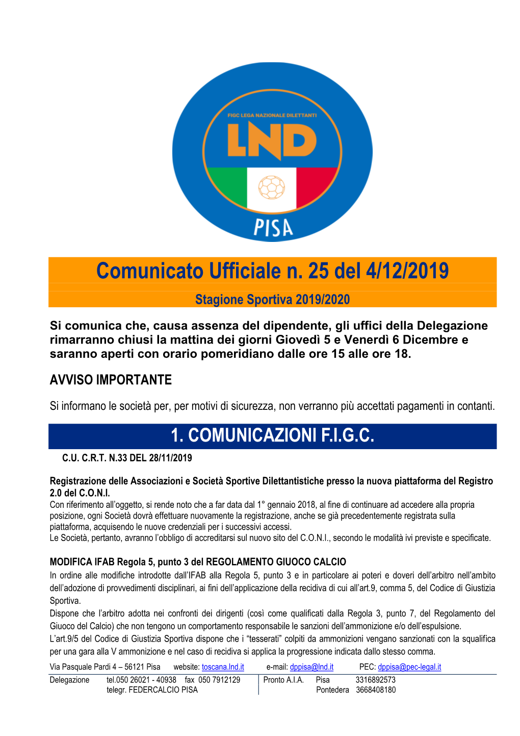 Comunicato Ufficiale N. 25 Del 4/12/2019