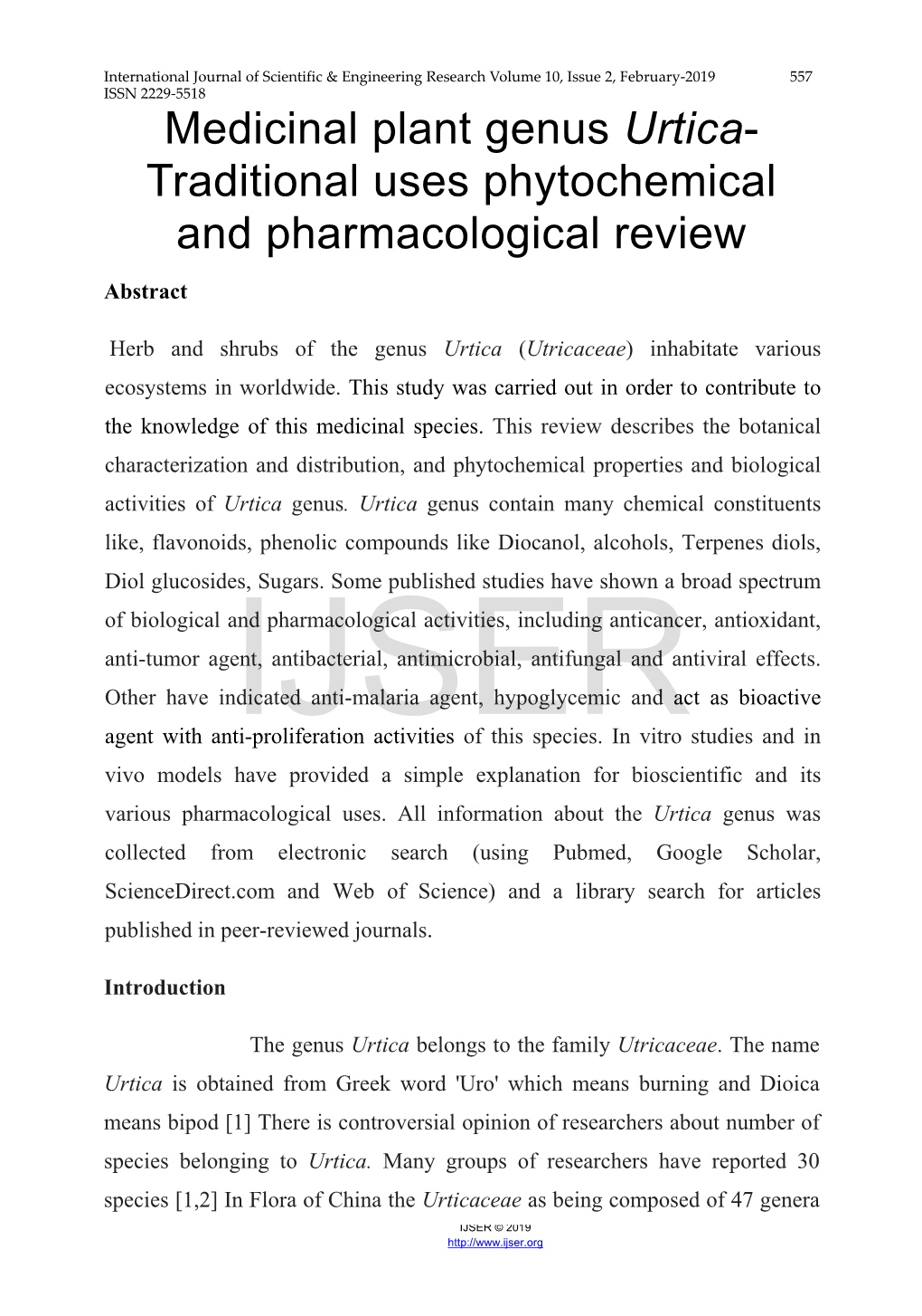 Medicinal Plant Genus Urtica- Traditional Uses Phytochemical and Pharmacological Review Abstract