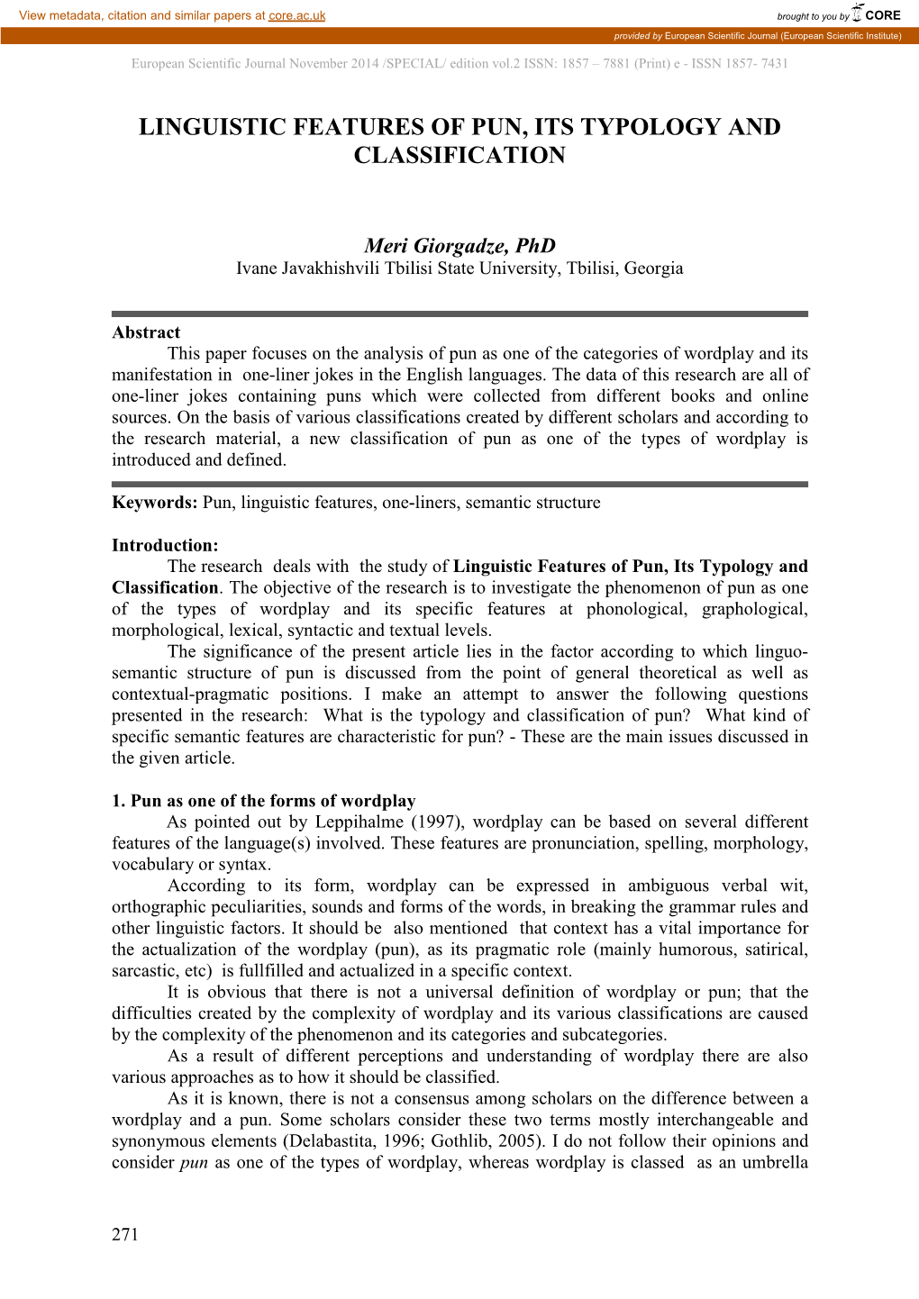 Linguistic Features of Pun, Its Typology and Classification