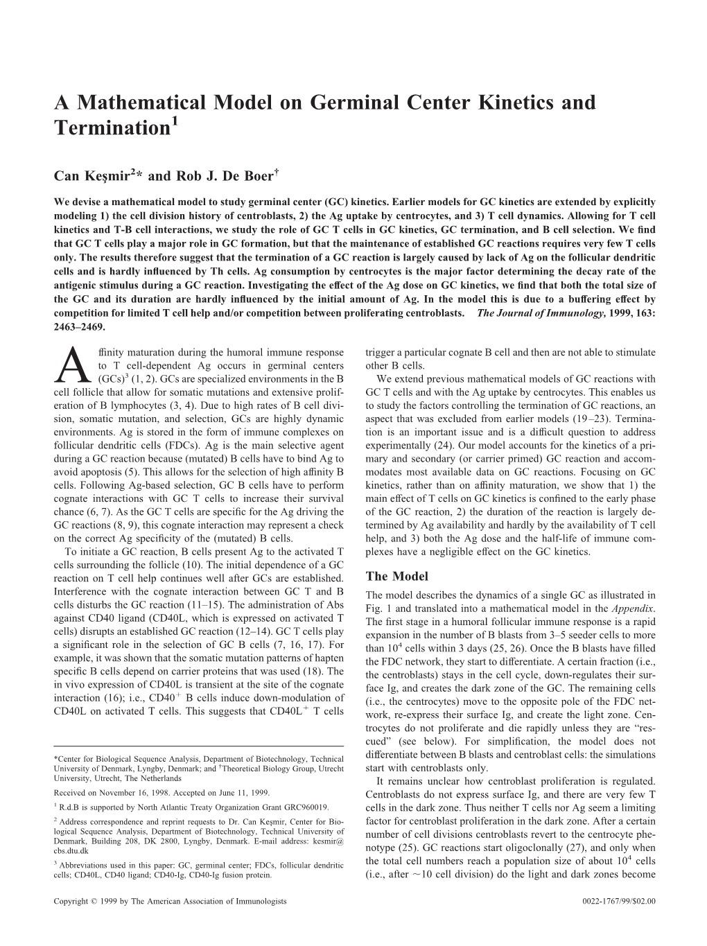 A Mathematical Model on Germinal Center Kinetics and Termination1