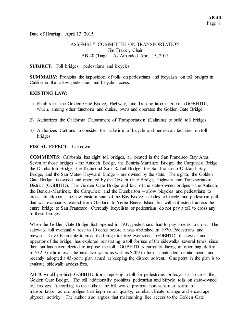 Assembly Bill Policy Committee Analysis