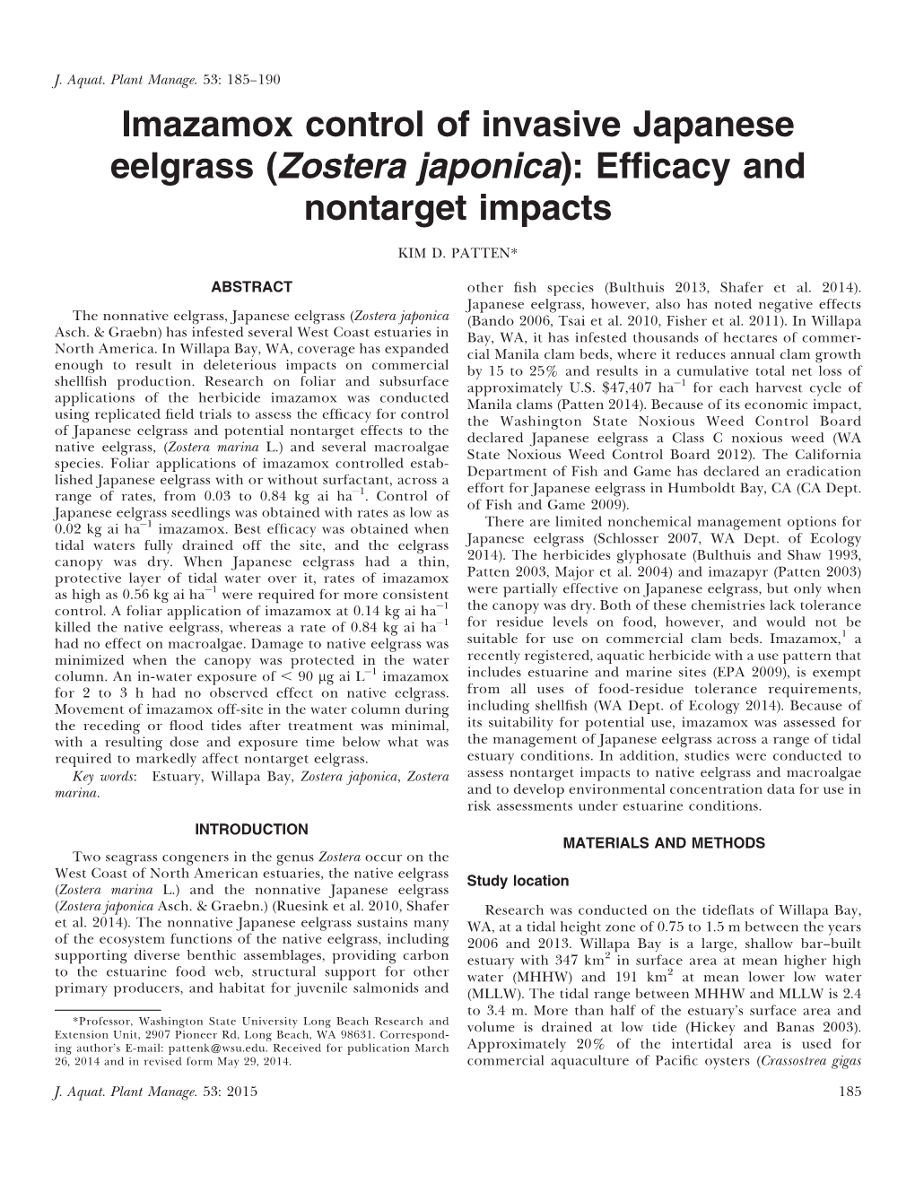 Imazamox Control of Invasive Japanese Eelgrass (Zostera Japonica): Efficacy and Nontarget Impacts