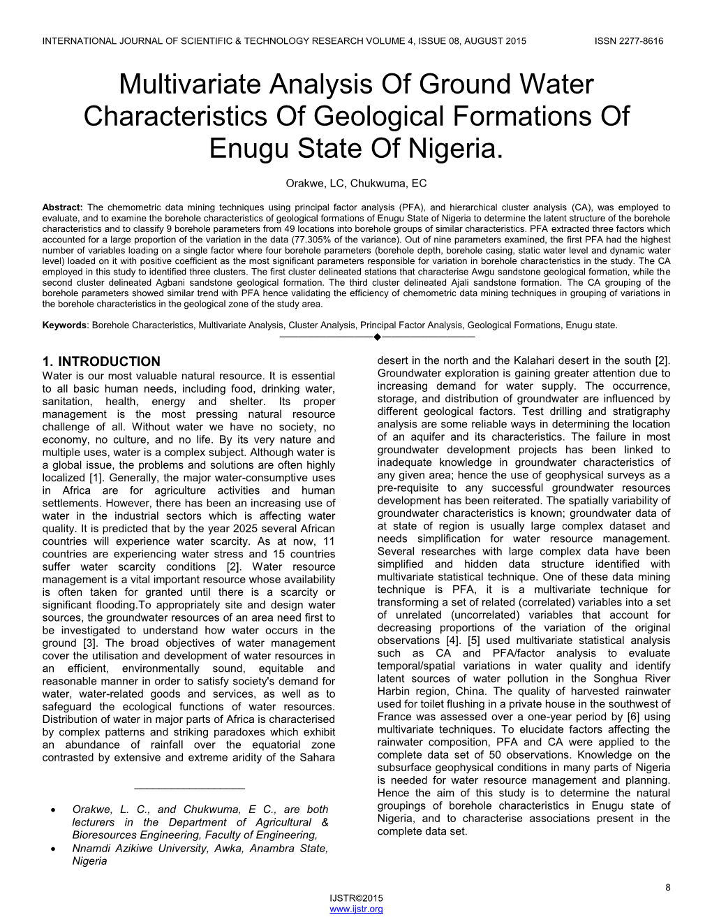 Multivariate Analysis of Ground Water Characteristics of Geological Formations of Enugu State of Nigeria