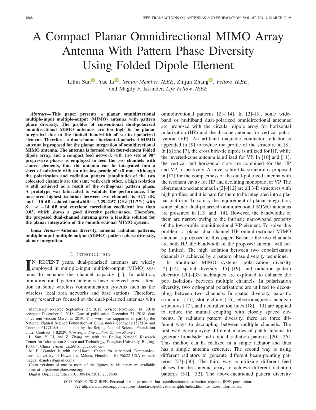 A Compact Planar Omnidirectional MIMO Array Antenna with Pattern Phase Diversity Using Folded Dipole Element