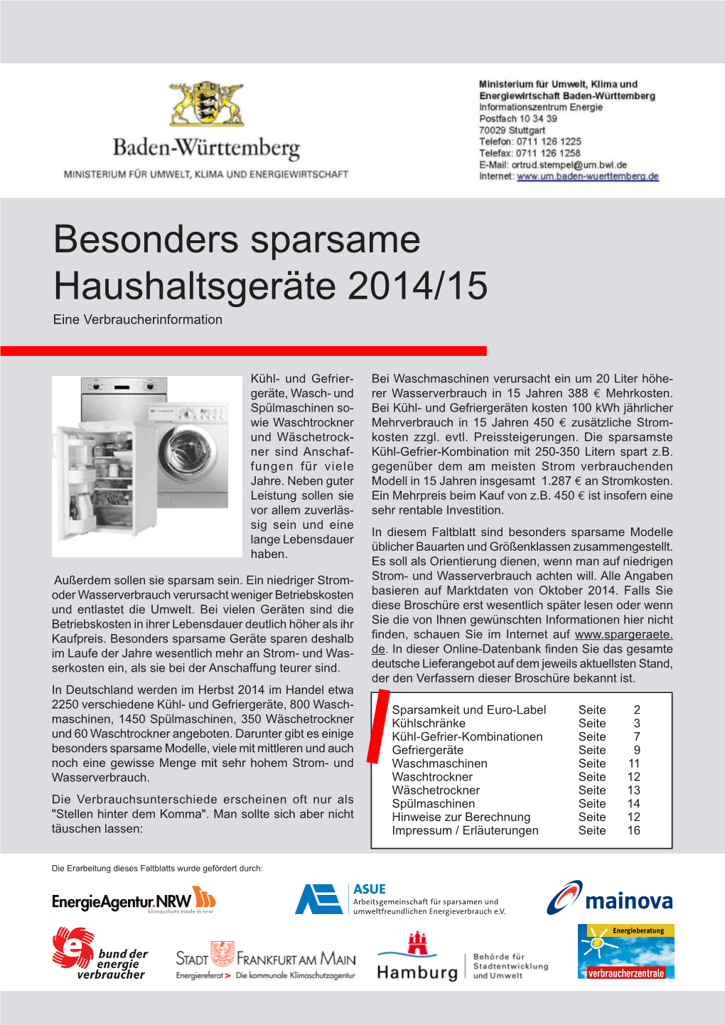 Besonders Sparsame Haushaltsgeräte 2014/15 Eine Verbraucherinformation