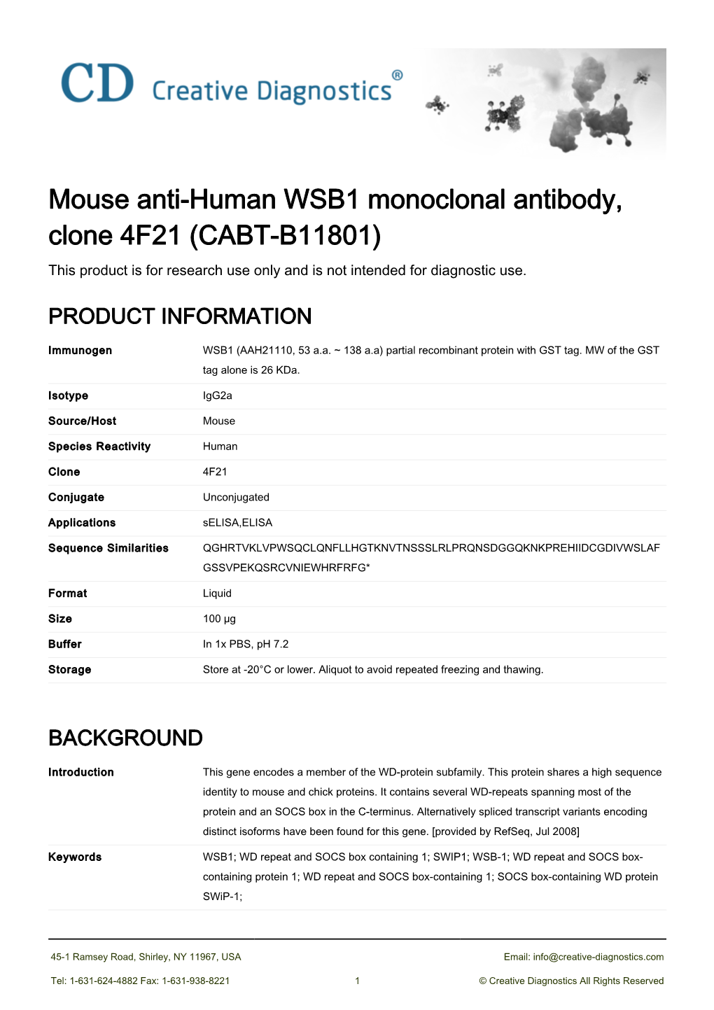 Mouse Anti-Human WSB1 Monoclonal Antibody, Clone 4F21 (CABT-B11801) This Product Is for Research Use Only and Is Not Intended for Diagnostic Use