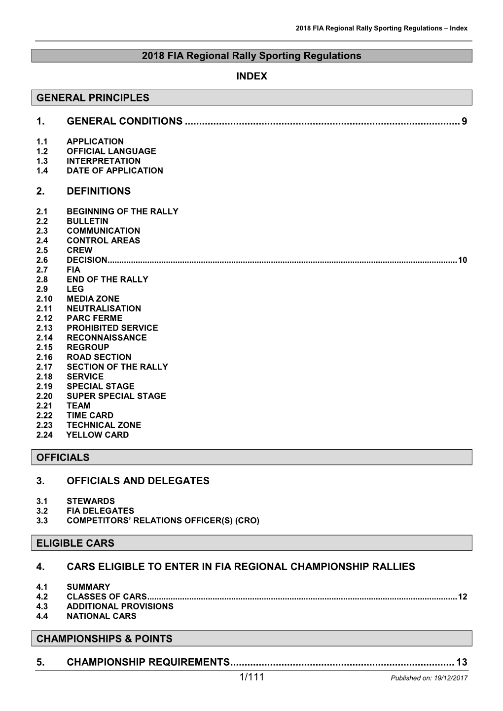 1/111 2018 FIA Regional Rally Sporting Regulations INDEX