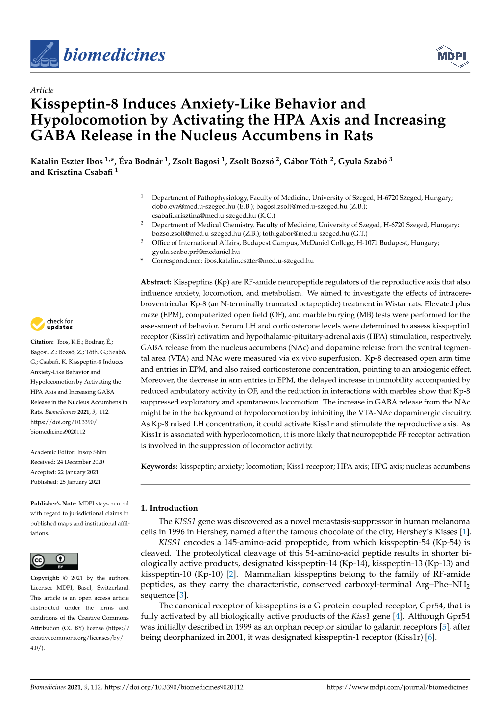 Kisspeptin-8 Induces Anxiety-Like Behavior and Hypolocomotion by Activating the HPA Axis and Increasing GABA Release in the Nucleus Accumbens in Rats