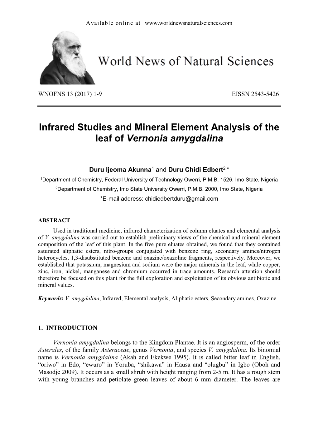 Infrared Studies and Mineral Element Analysis of the Leaf of Vernonia Amygdalina