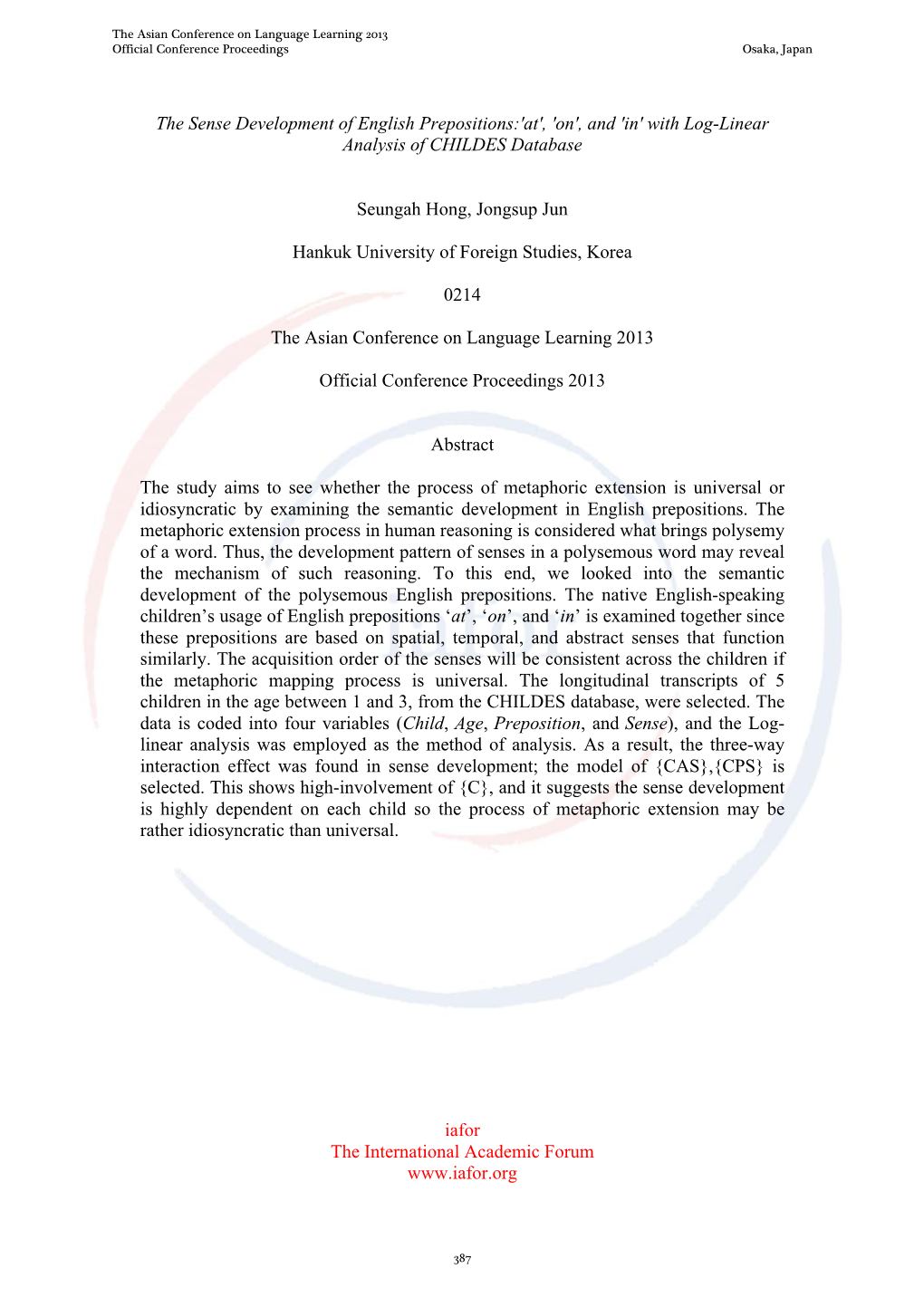 The Sense Development of English Prepositions:'At', 'On', and 'In' with Log-Linear Analysis of CHILDES Database