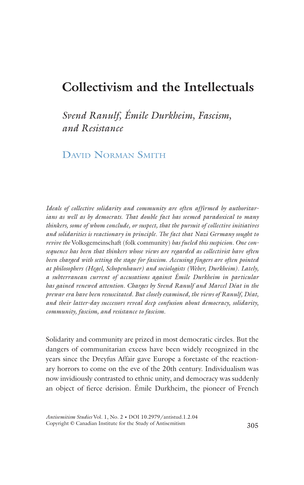 Collectivism and the Intellectuals: Svend Ranulf, Émile Durkheim