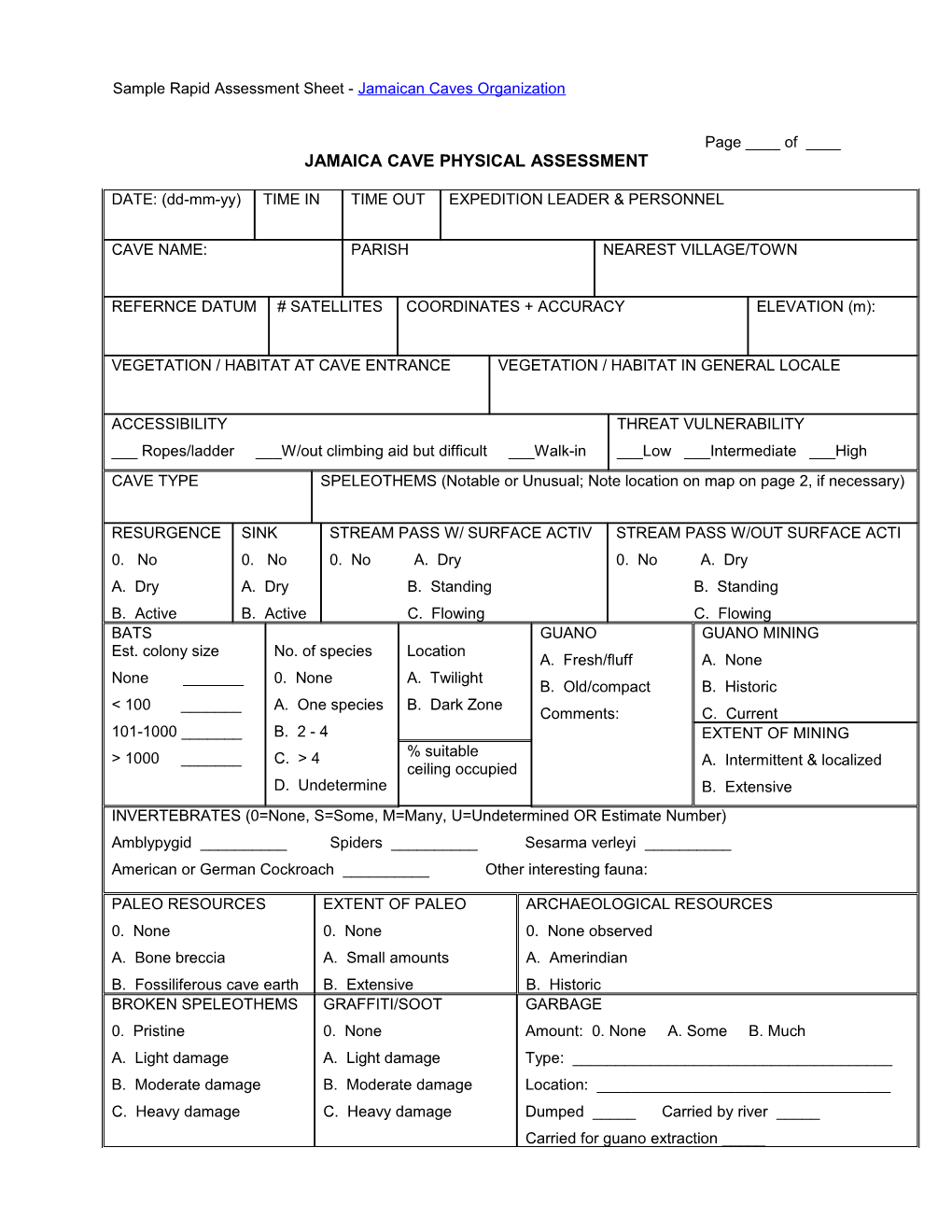 Sample Rapid Assessment Sheet - Jamaican Caves Organization