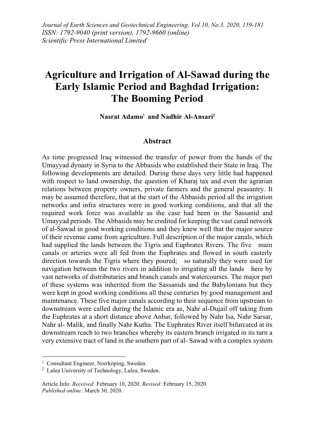 Agriculture and Irrigation of Al-Sawad During the Early Islamic Period and Baghdad Irrigation: the Booming Period