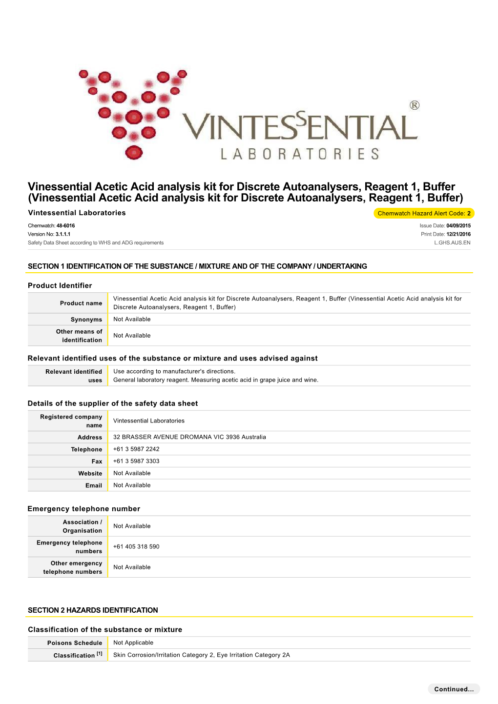 Vinessential Acetic Acid Analysis Kit for Discrete Autoanalysers, Reagent 1, Buffer