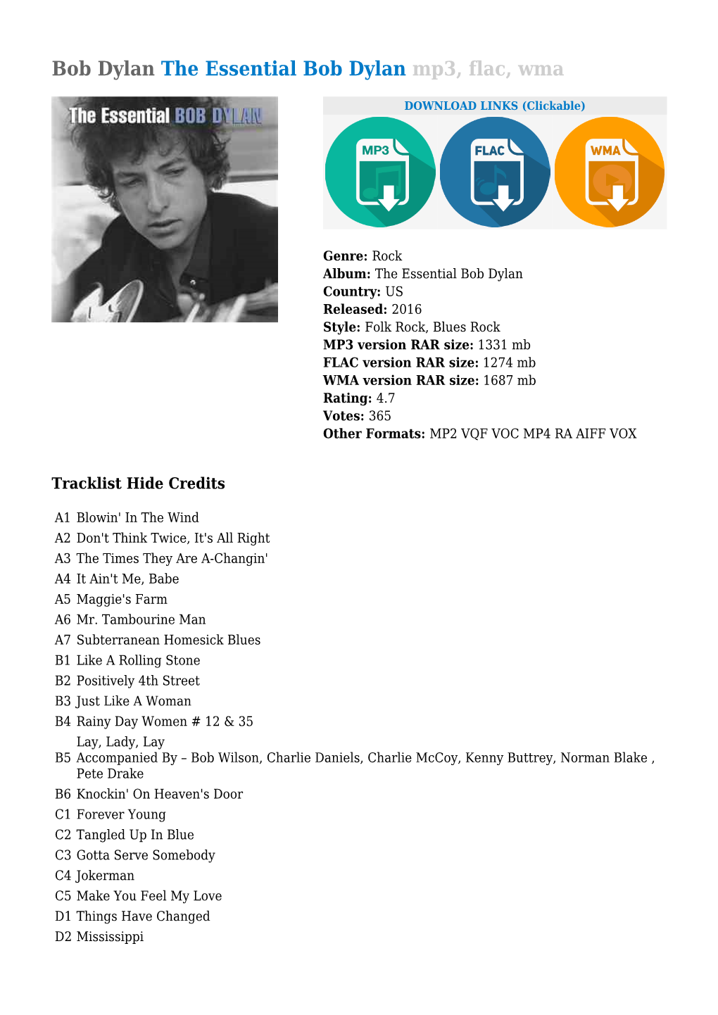 Bob Dylan the Essential Bob Dylan Mp3, Flac, Wma
