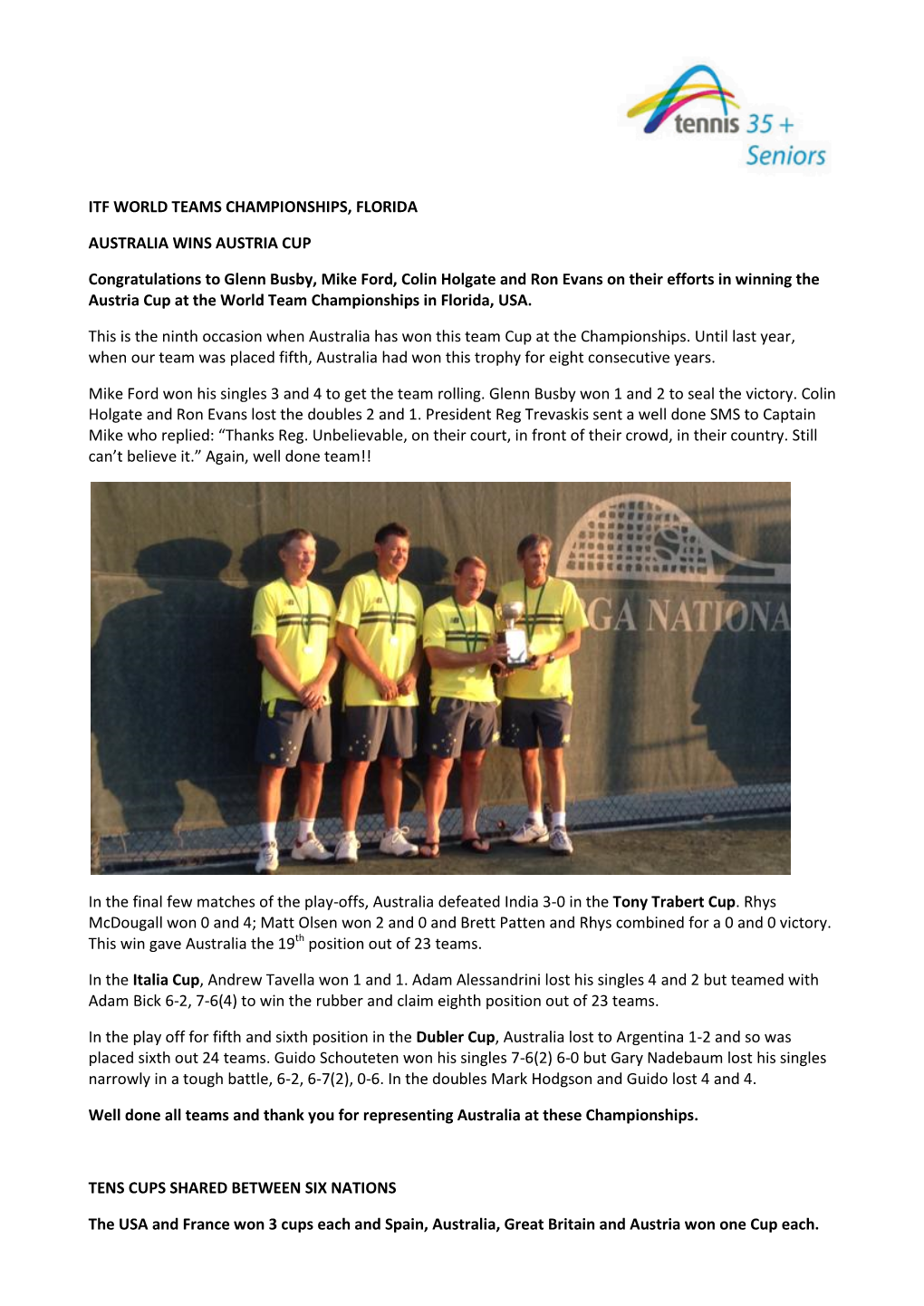 Australia Wins the M55+ Austria Cup at World ITF Seniors in Florida