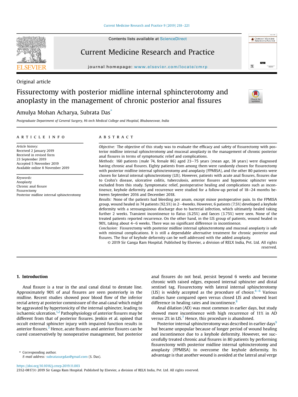 Fissurectomy with Posterior Midline Internal Sphincterotomy and Anoplasty in the Management of Chronic Posterior Anal ﬁssures