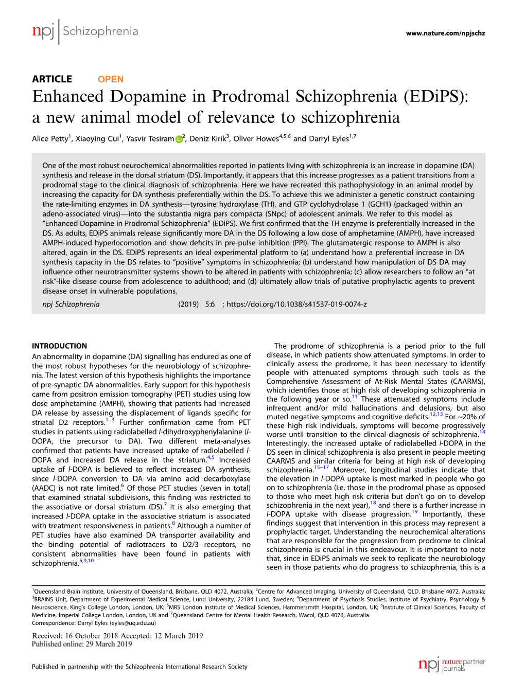 Enhanced Dopamine in Prodromal Schizophrenia (Edips): a New Animal Model of Relevance to Schizophrenia