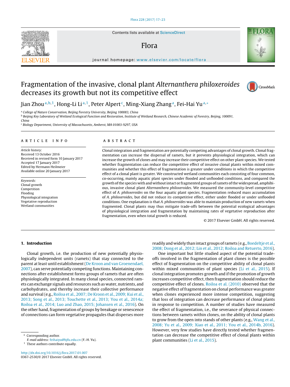 Fragmentation of the Invasive, Clonal Plant Alternanthera Philoxeroides