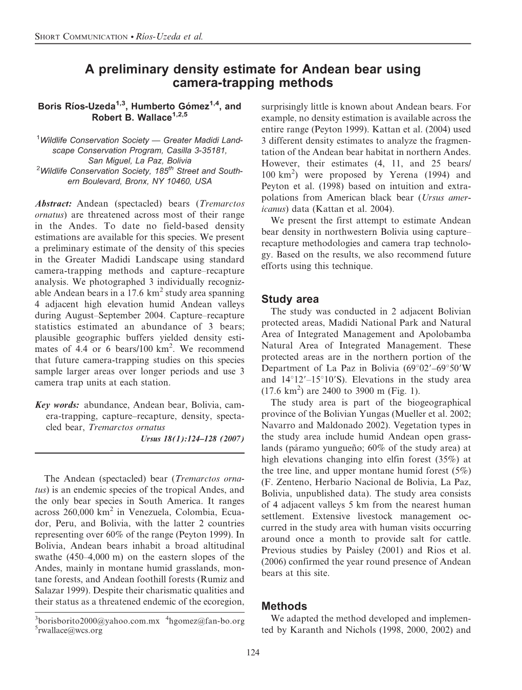 A Preliminary Density Estimate for Andean Bear Using Camera-Trapping Methods