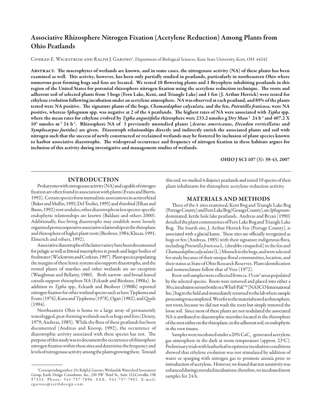 Associative Rhizosphere Nitrogen Fixation (Acetylene Reduction) Among Plants from Ohio Peatlands