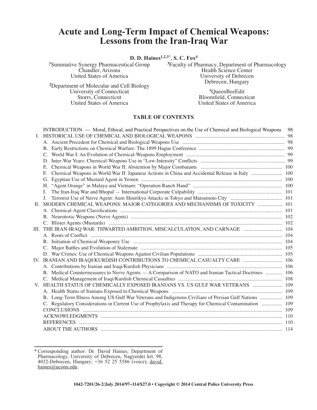 Acute and Long-Term Impact of Chemical Weapons: Lessons from the Iran-Iraq War