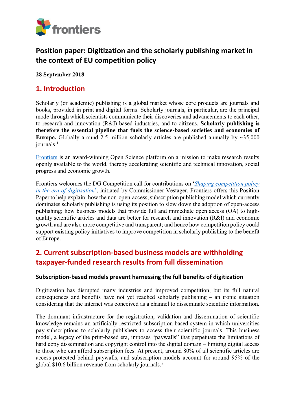 Position Paper: Digitization and the Scholarly Publishing Market in the Context of EU Competition Policy